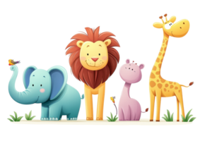 Colorful digital illustration of a lion, giraffe, elephant, and monkey in a jungle theme isolated on a transparent background png