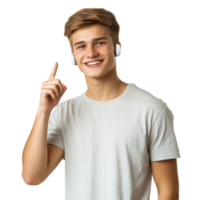 Cheerful man pointing up with one finger in a casual pose isolated on transparent background png