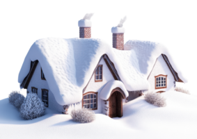Snow-covered fairytale cottage with curved roof and glowing windows isolated on a transparent background png
