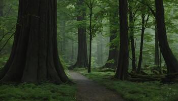 Explore Serene Forest Path Surrounded by Majestic Green Trees and Soft Mist photo