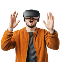 Surprised man in an orange jacket wearing VR glasses with raised hands, isolated on transparent background png
