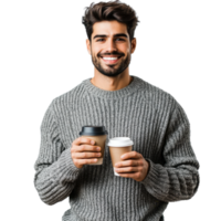 Happy young man in a gray sweater holding a coffee cup and smiling, isolated on transparent background png