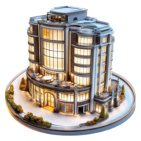 Luxury modern curved glass skyscraper with balcony and trees isolated on a transparent background png