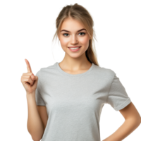 Young girl in a light gray T-shirt pointing up with a smile isolated on transparent background png