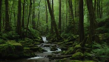 explorador sereno bosque corriente rodeado por lozano verde arboles y musgo foto
