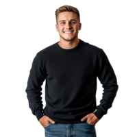 Confident man in a black sweater standing with hands in pockets, isolated on transparent background png