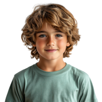 Cheerful young boy in a light green t-shirt with a friendly expression, isolated on transparent background png