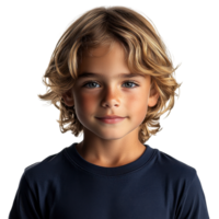 Smiling curly-haired boy in a navy blue t-shirt with a friendly expression, isolated on transparent background png