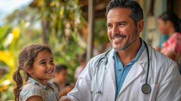 A doctor shaking hands with a little girl photo
