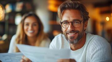 A man with glasses and a woman with glasses are smiling while holding a piece of paper photo
