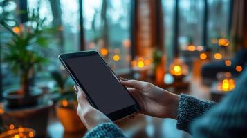 Woman holding smartphone in front of lit candles photo
