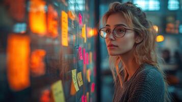 A woman wearing glasses looking at a wall with sticky notes photo