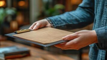 A person holding a clipboard with a pen on it photo