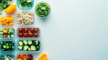 Healthy food in plastic containers on white background photo