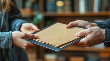 Two people holding a piece of paper in front of a bookcase photo