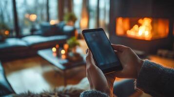 Woman using smartphone in front of fireplace photo
