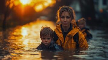 A woman and two children in the water at sunset photo