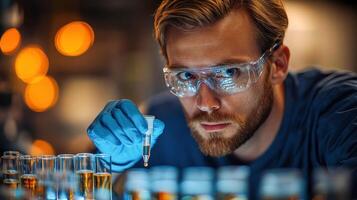 A man in a lab coat is holding a test tube photo