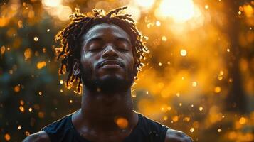 A man with dreadlocks is looking up at the sun photo