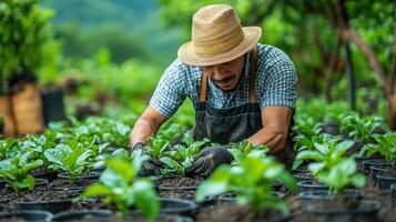 A man in overalls and hat tending plants in a garden photo