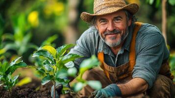A smiling man in a hat is planting a tree photo