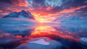 A beautiful sunset over the ocean with snow covered mountains photo