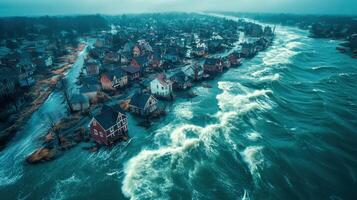 An aerial view of houses on the shore of a river photo
