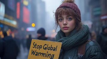 A woman holding a sign that says stop global warming photo