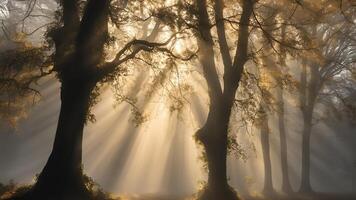 Sunrays piercing through a foggy woodland, highlighting the silhouettes of ancient trees. A breathtaking moment capturing the beauty of nature photo