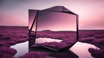 Abstract futuristic scenery with a polygonal mirror installation in a purple-toned wilderness. A mesmerizing blend of nature and modern architecture photo