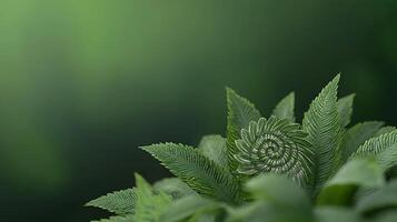 Close-up of vibrant green fern leaves with a spiral pattern, set against a soft blurred background photo