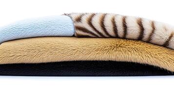 Close-up of various textured fabric samples showcasing fur patterns and colors for design inspiration photo