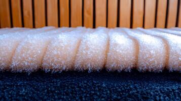 Close-up of textured foam with frost in a cozy indoor setting with wooden backdrop photo
