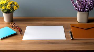 A clean workspace featuring a blank sheet of paper, colorful notebooks, and potted flowers photo