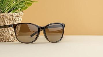 Stylish sunglasses resting on a minimalist table beside a potted plant against a warm backdrop photo