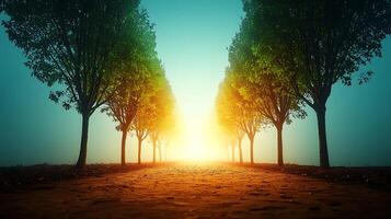 Serene pathway lined with trees leading towards a glowing sunrise in a tranquil environment photo
