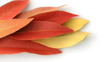 Vibrant autumn leaves in shades of red, orange, and yellow arranged artistically on a white background photo