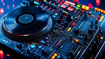 Close-up of a modern DJ turntable setup with vibrant lighting and blurred background effects photo