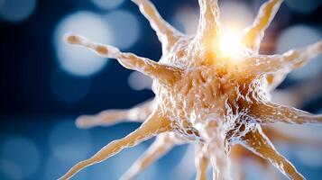 Close-up view of a neuron with intricate details and glowing effects against a blurred background photo