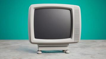 Vintage television set on a textured surface with a solid color background, evoking nostalgia photo