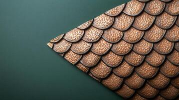 Close-up view of textured copper scales on a dark green background, highlighting intricate design photo