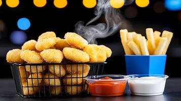 A steaming basket of golden chicken nuggets served with ketchup and ranch dressing alongside crispy fries photo