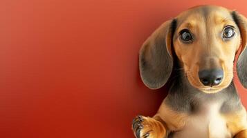 Adorable dachshund puppy looking curiously at the camera against a vibrant red background photo