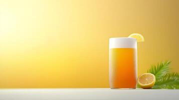 Refreshing citrus drink in a glass with lemon slice and palm leaf on a vibrant yellow background photo