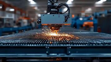 Industrial laser cutting machine operating in a factory, creating sparks while processing metal sheets photo