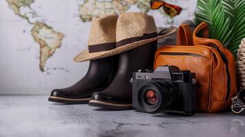 Travel essentials arranged on a surface, featuring boots, a camera, and hats with a map backdrop photo