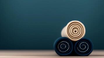 Stacked rolled towels in soothing colors on a wooden surface against a calm blue backdrop photo