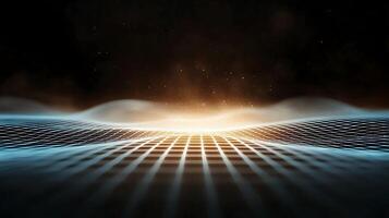 Abstract digital landscape with glowing horizon and grid pattern, evoking futuristic technology themes photo