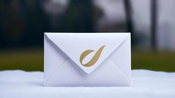 Elegant white envelope with a gold logo, resting on a soft surface in a blurred outdoor setting photo
