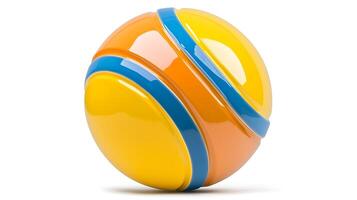 Vibrant glossy ball with blue stripes resting on a clean white surface, ideal for playful backgrounds photo